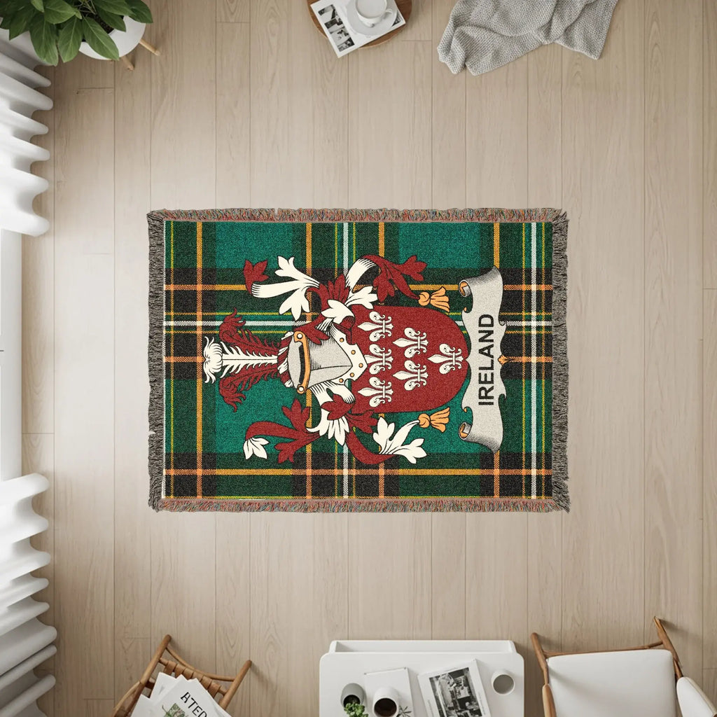 Tapestry rug featuring a coat of arms with "IRELAND" on a banner, on a plaid background.