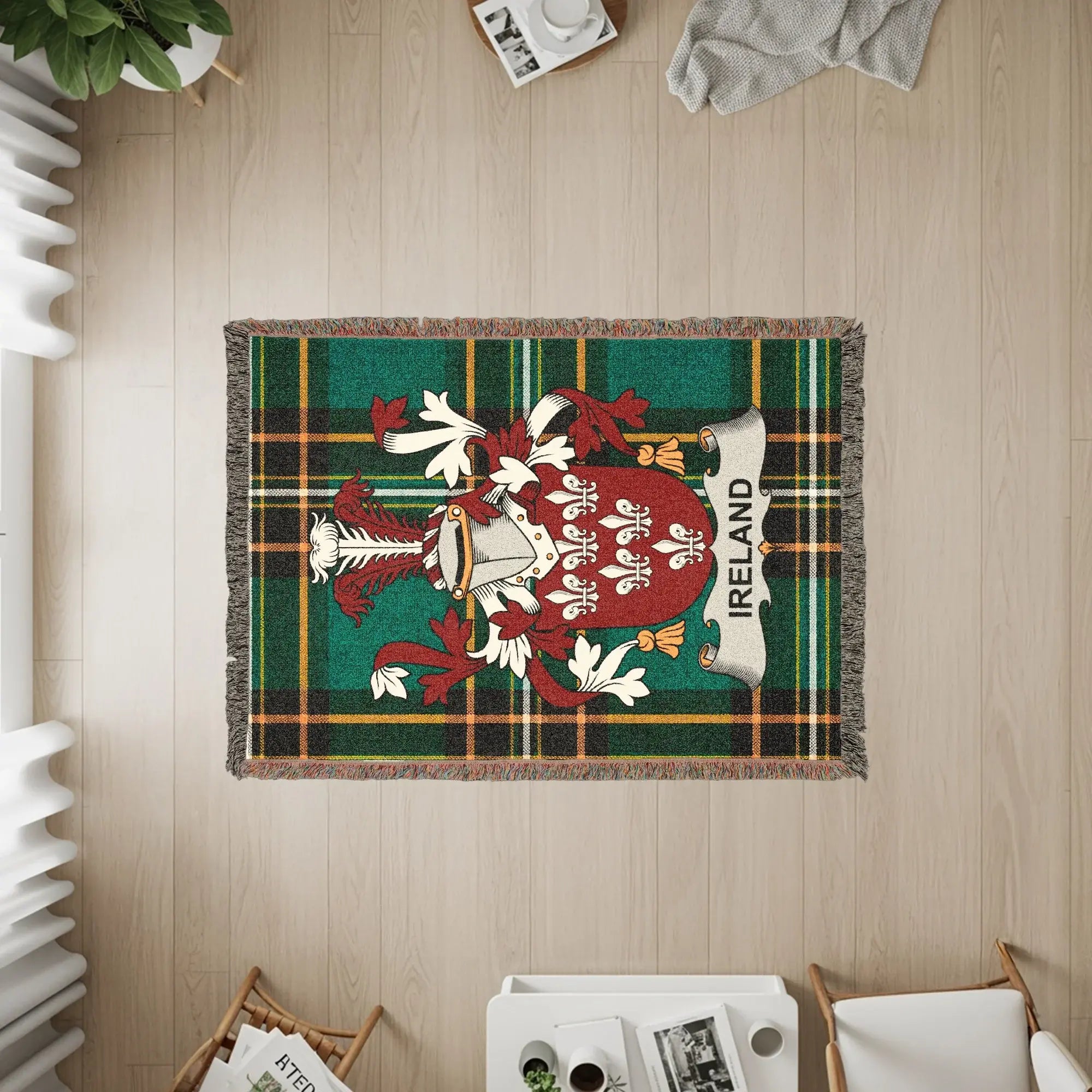 Tapestry rug featuring a coat of arms with "IRELAND" on a banner, on a plaid background.