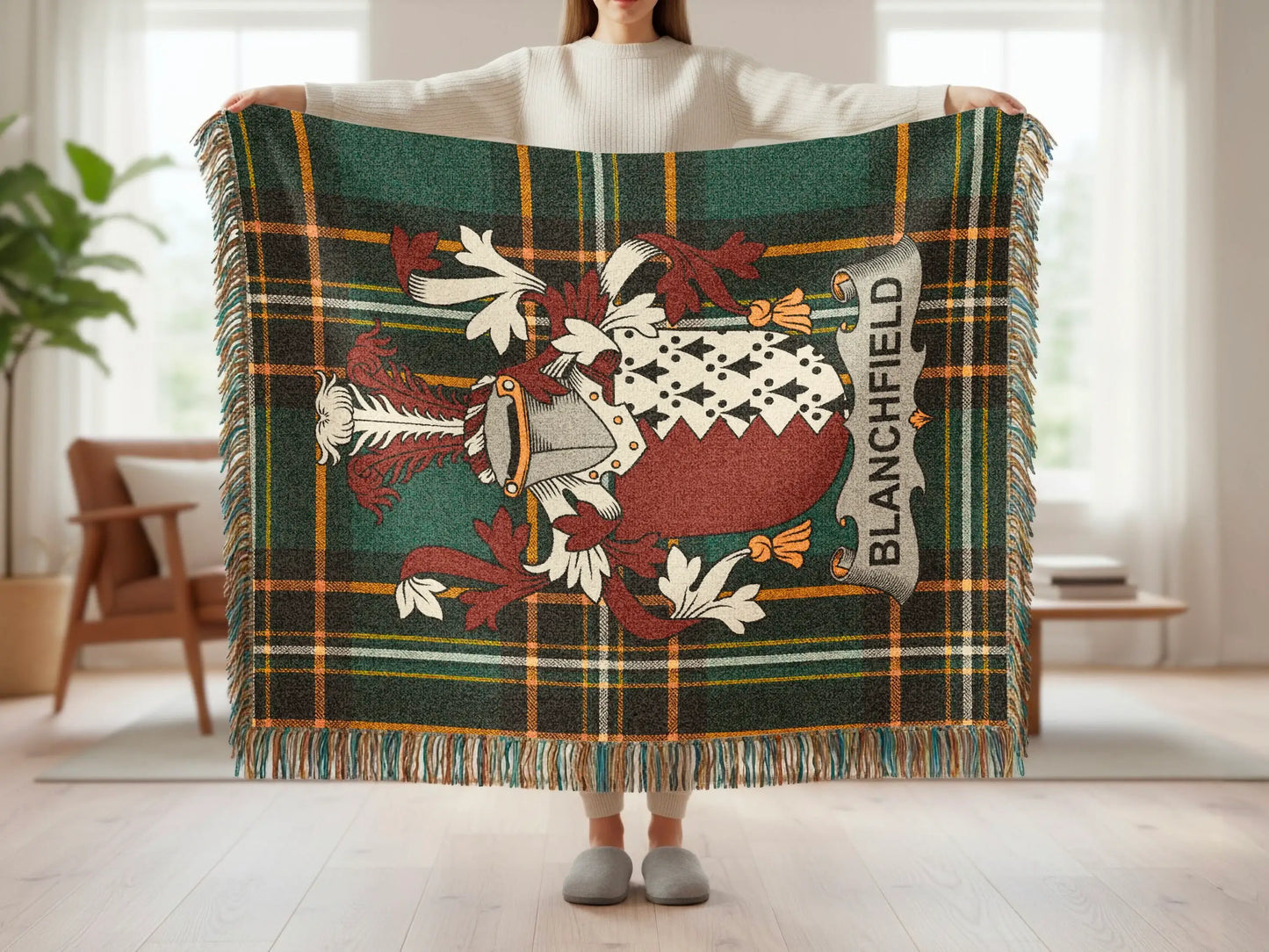 BLANCHFIELD Coat Arms Green Plaid Fringed Throw product type
