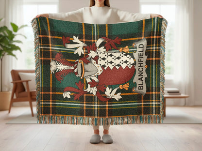 BLANCHFIELD Coat Arms Green Plaid Fringed Throw product type