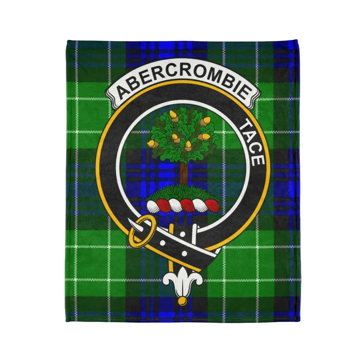 Abercrombie tartan blanket decoration — clan crest and tace motto print