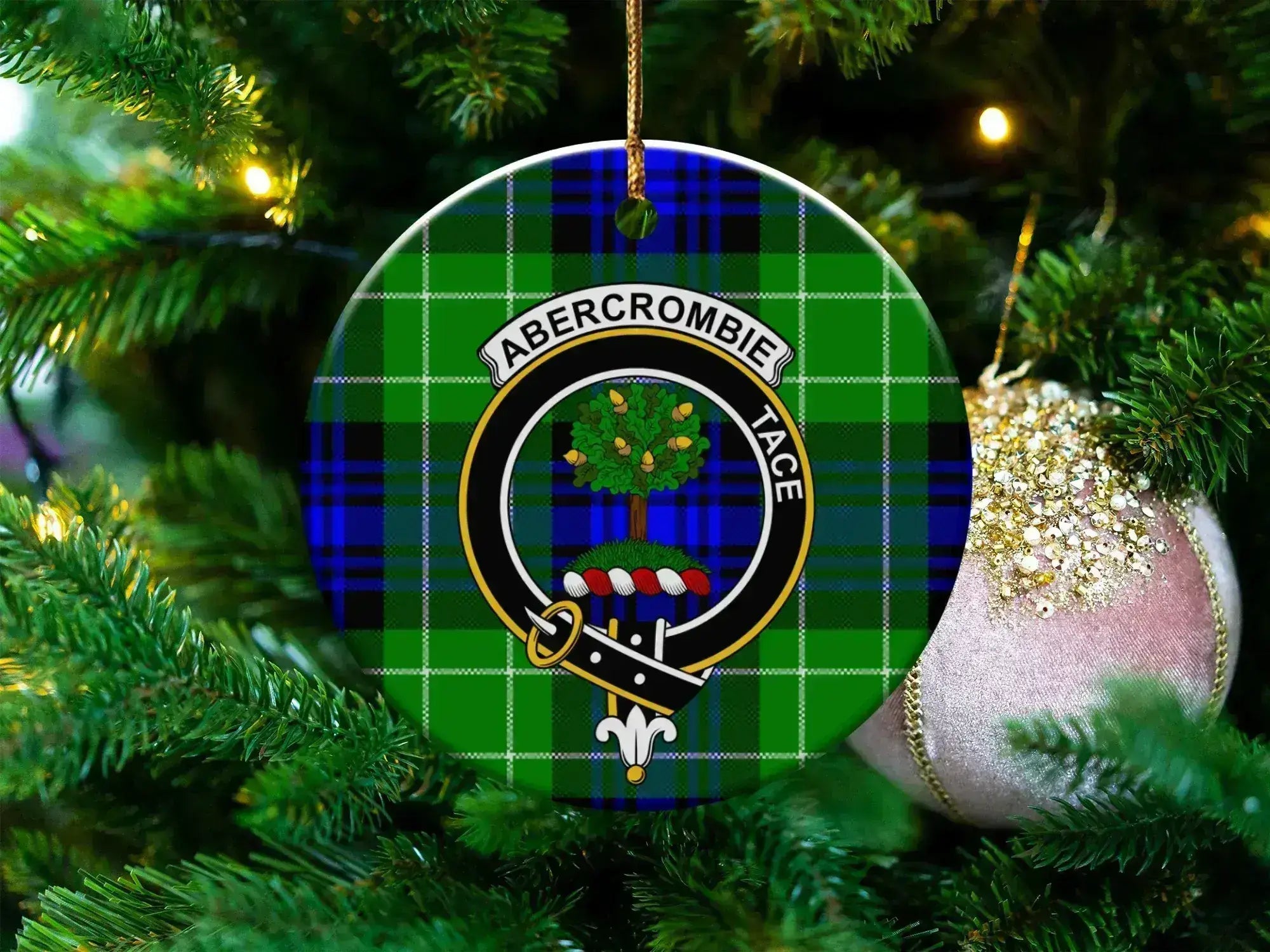 Clan Abercrombie tace tartan Christmas ornament — 3 inch, double-sided with gold string