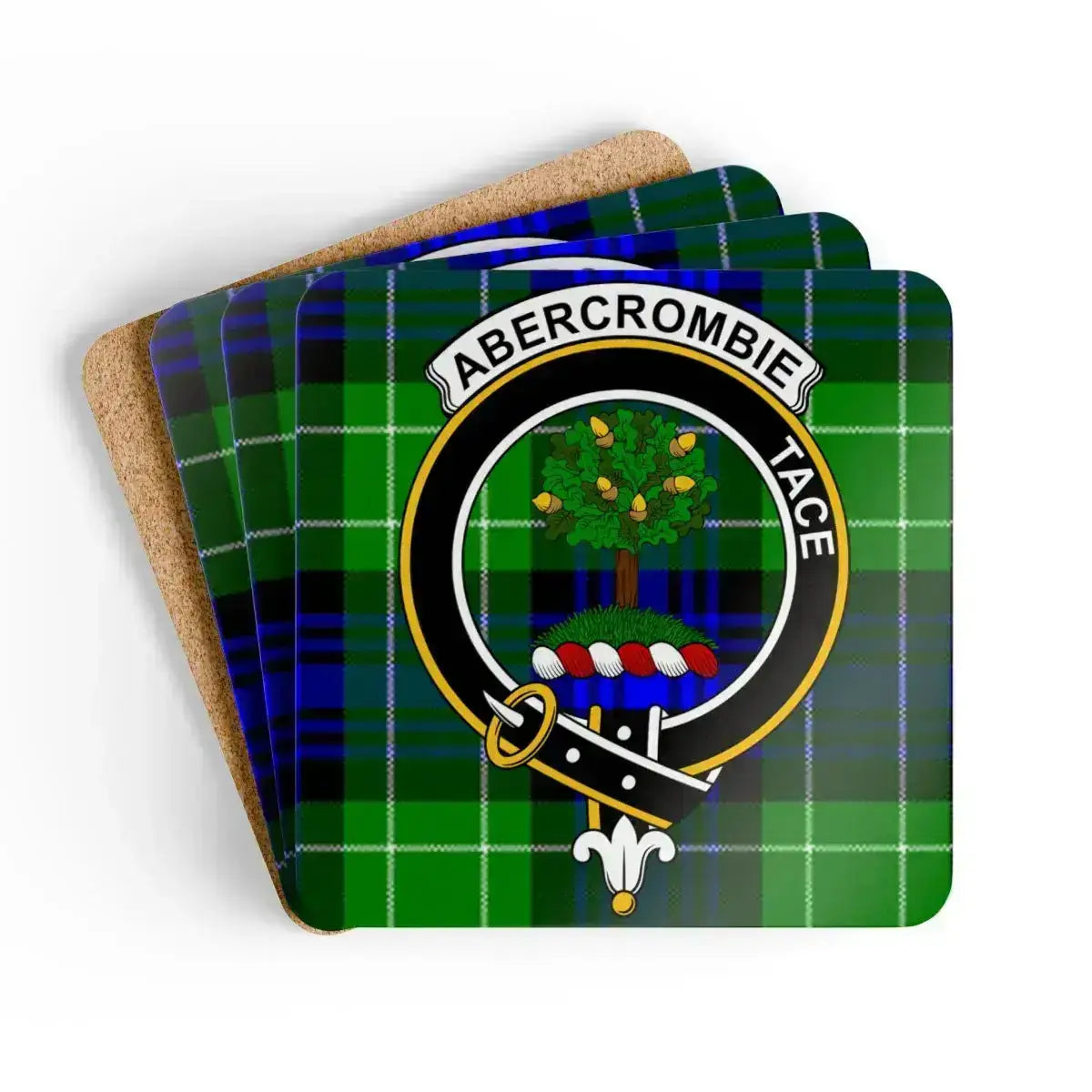 Clan Abercrombie tartan plaid patterned coaster set — glossy cork, 3.75 inch square