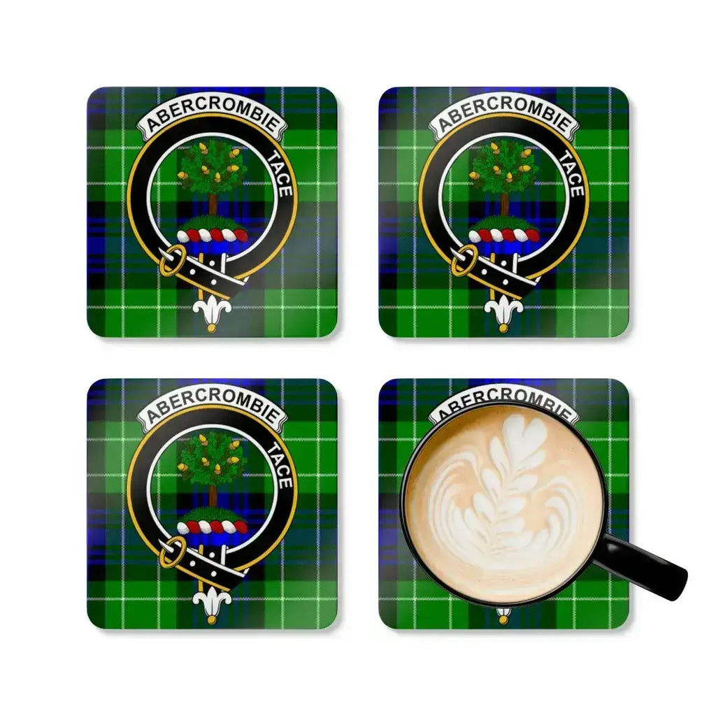 Abercrombie tartan patterned coasters — set view, cork base