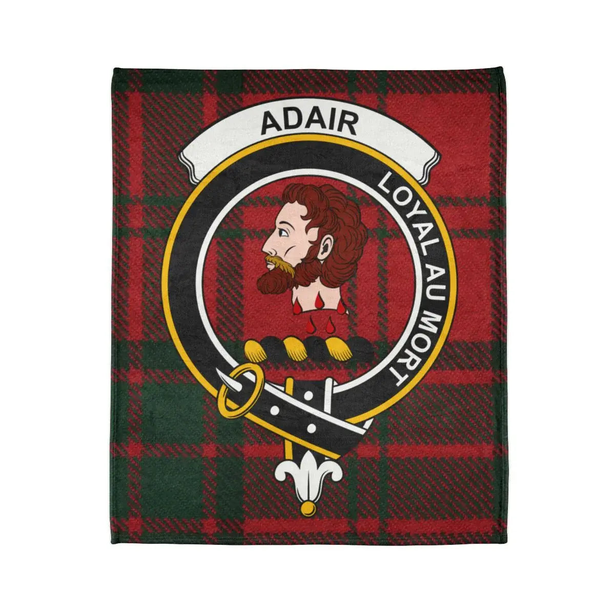 Adair Loyal au Mort clan crest tartan throw blanket — full print detail, fade-resistant colour