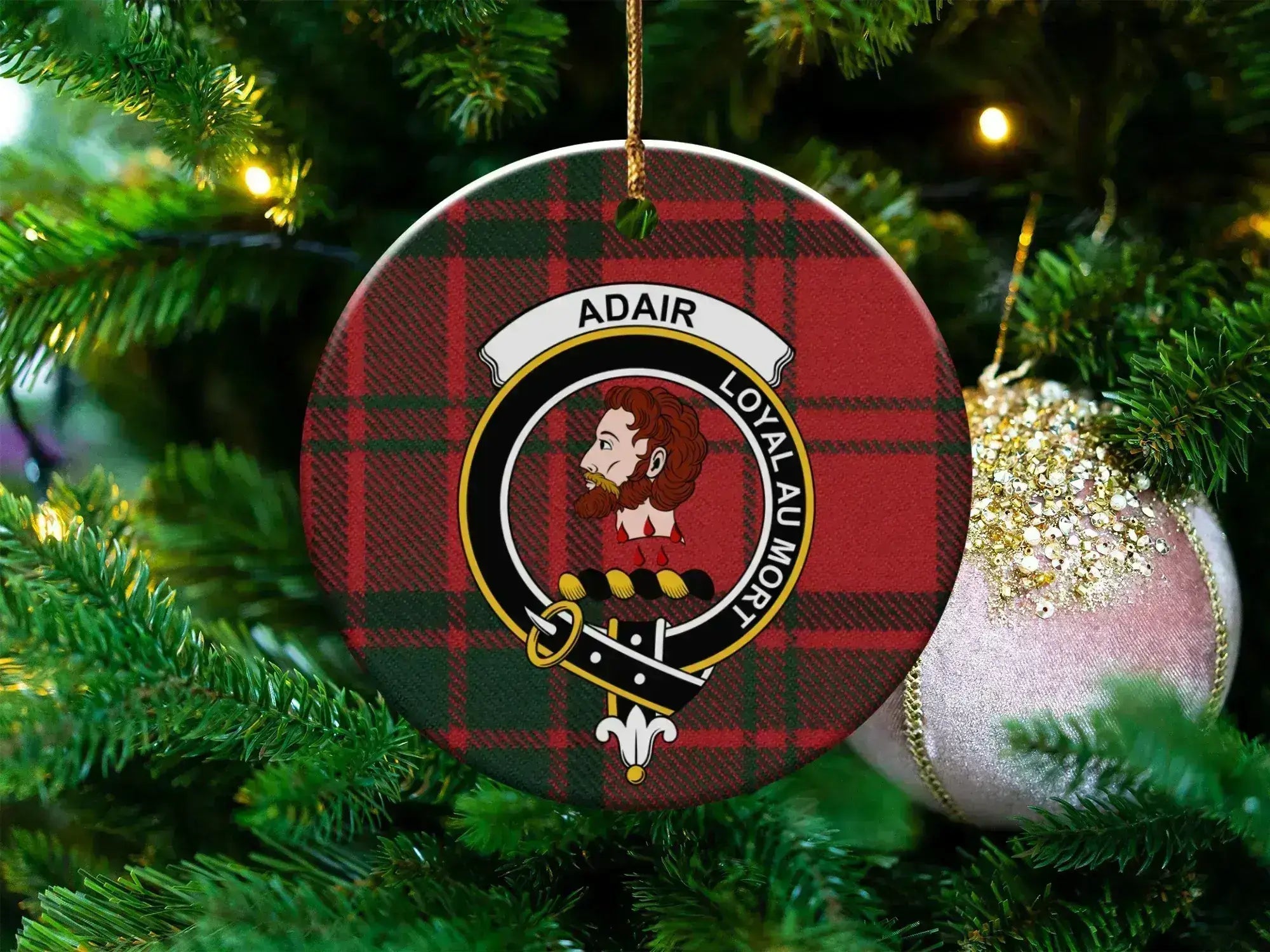 Round Adair ceramic ornament with crest and gold string