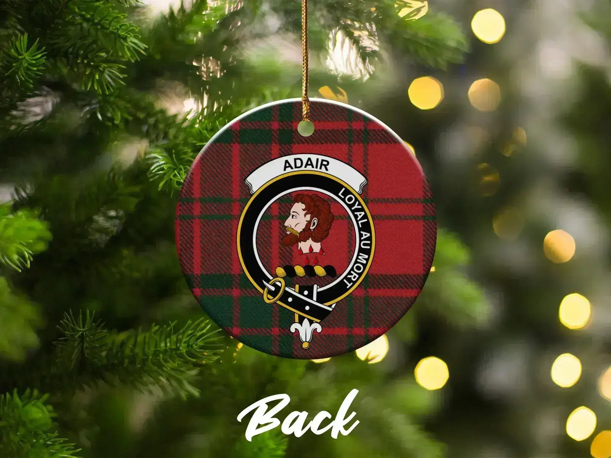 Adair ceramic ornament with crest and Loyal au Mort motto
