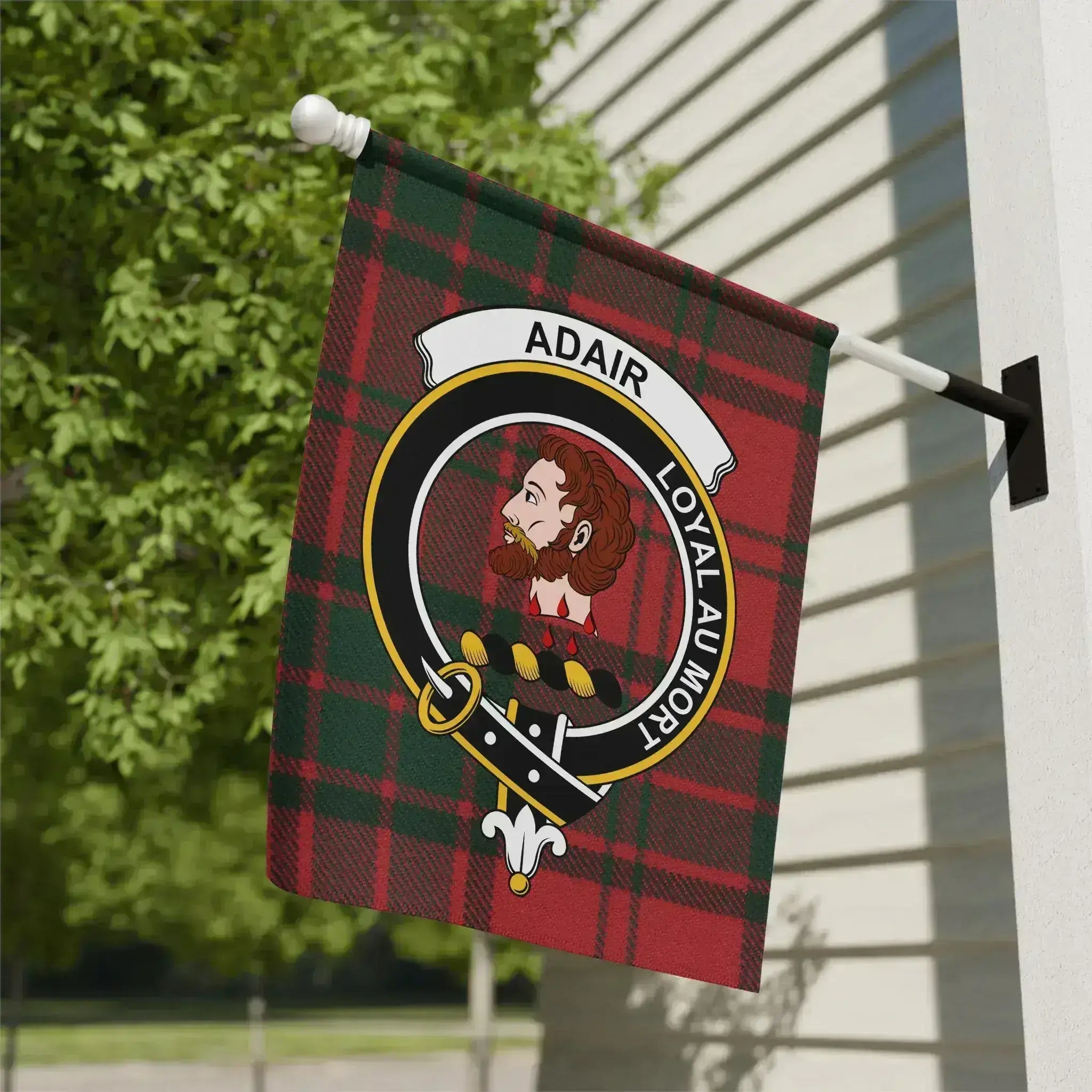 Adair clan crest garden flag on tartan background, poly canvas outdoor flag