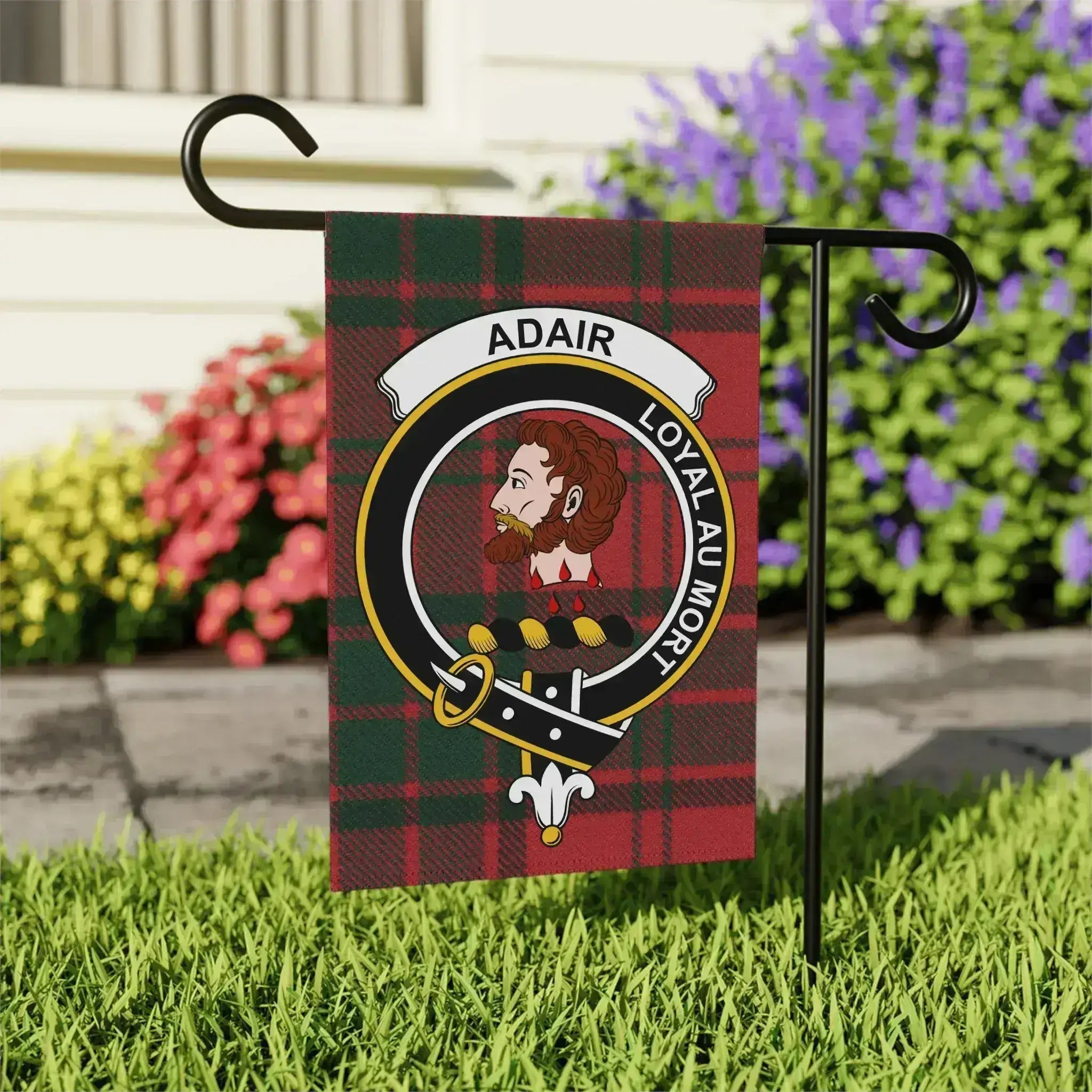Adair tartan background garden flag with clan crest, outdoor display