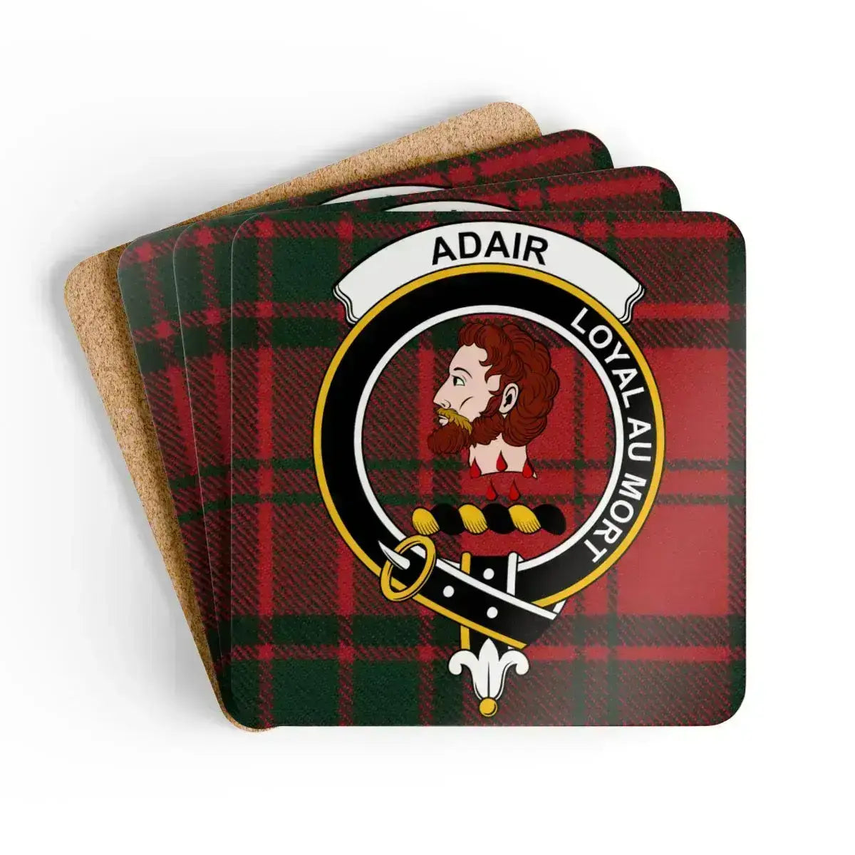 Clan Adair Loyal au Mort tartan coaster set — glossy printed square cork, 3.75" x 3.75"
