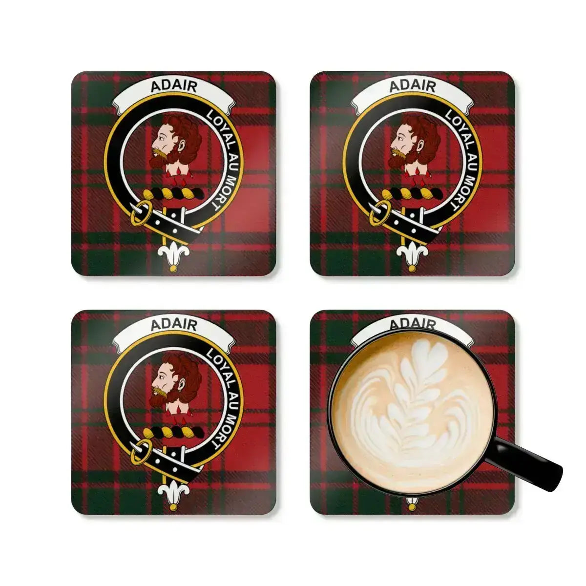 Adair Loyal au Mort crest red plaid coaster — full-colour print on natural cork base