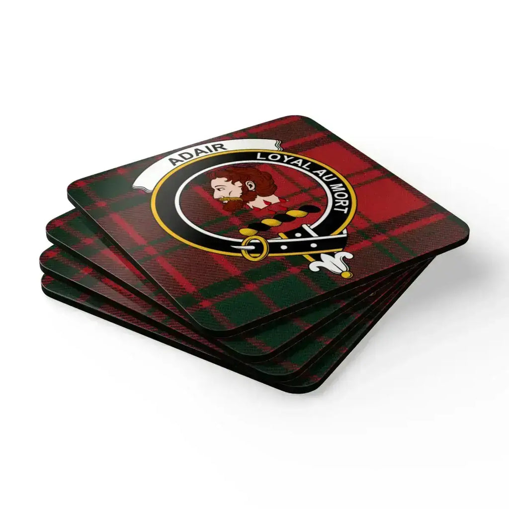 Adair Loyal au Mort highlander clan crest coasters — glossy square cork, Scottish tartan