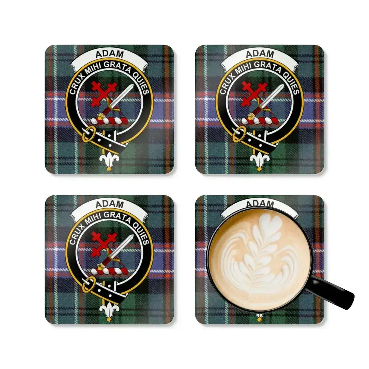 Clan Adam Scottish plaid tartan coaster set — set view, cork base