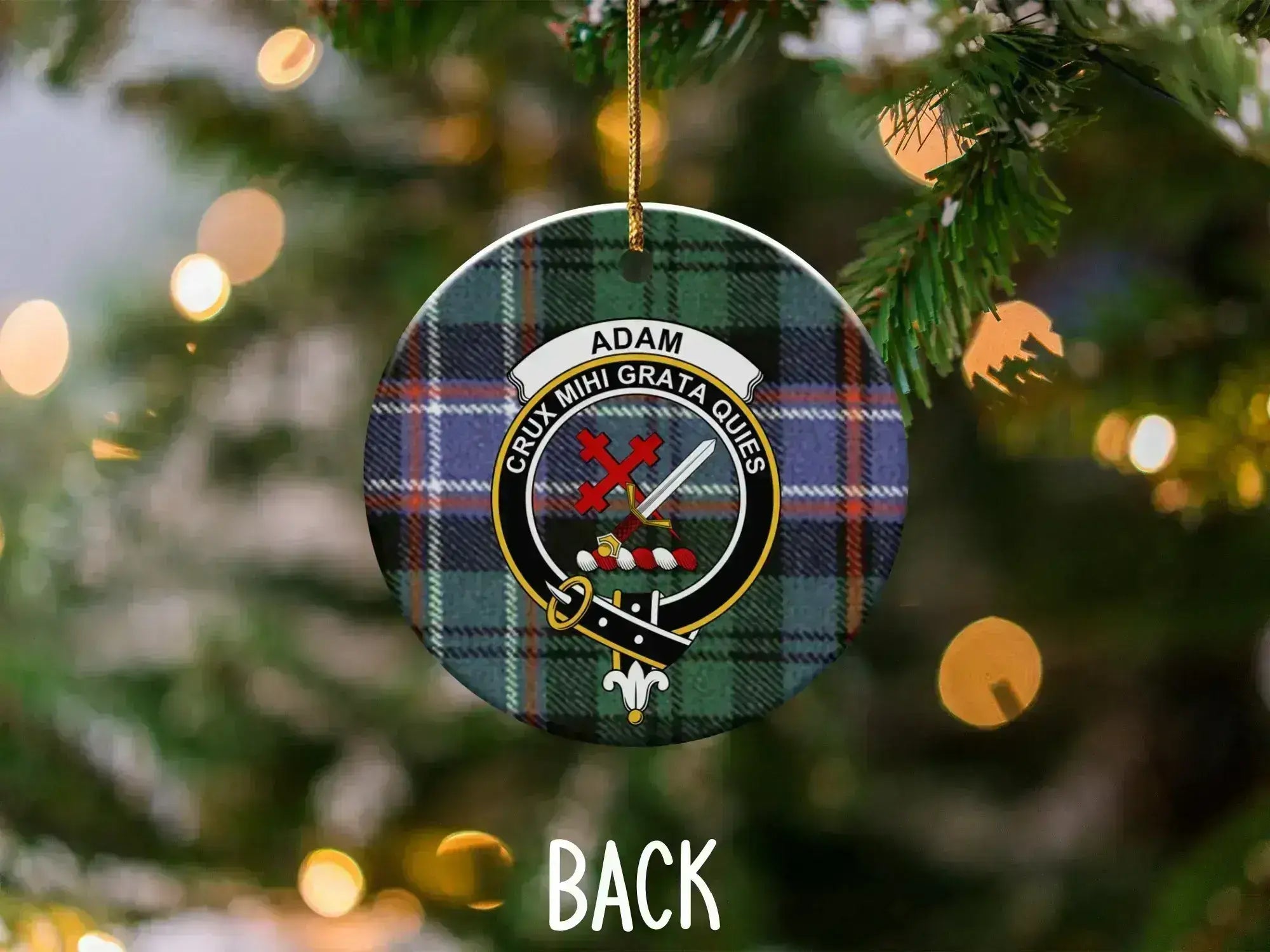 Round Adam Christmas ornament shown from both printed sides