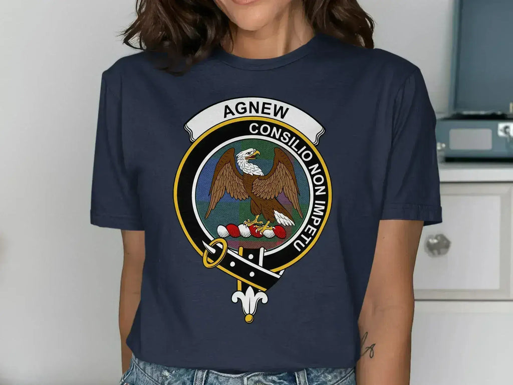 Agnew Scottish clan crest T-shirt in royal blue with Consilio Non Impetu motto