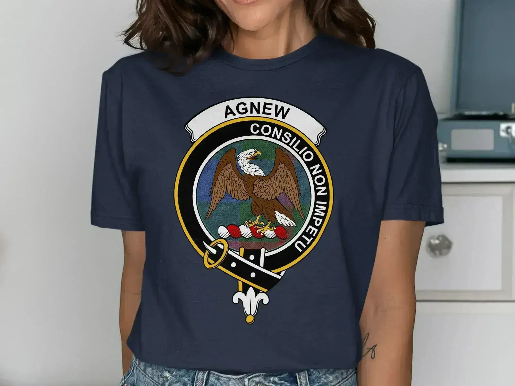Agnew Scottish clan crest T-shirt in royal blue with Consilio Non Impetu motto
