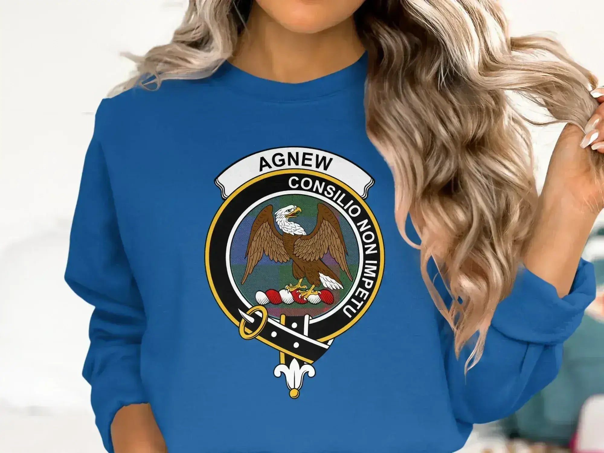 Agnew Scottish clan crest sweatshirt in royal blue