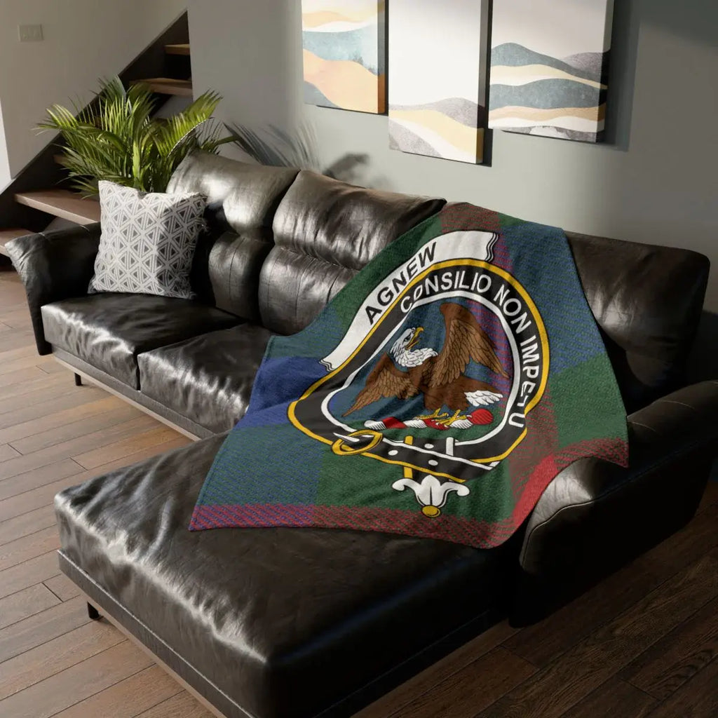 Clan Agnew crest tartan throw blanket — lightweight 100% polyester, sofa display