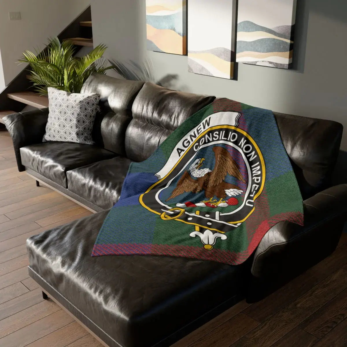 Clan Agnew crest tartan throw blanket — lightweight 100% polyester, sofa display