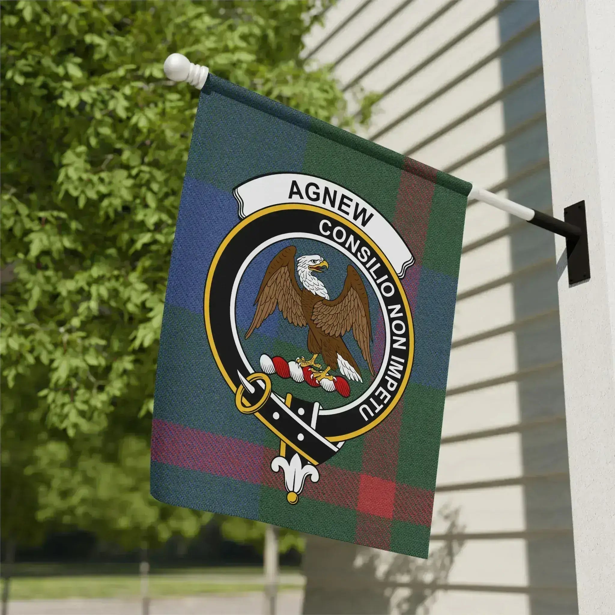 Clan Agnew consilio non impetu clan crest garden flag — 12x18 inch, poly canvas