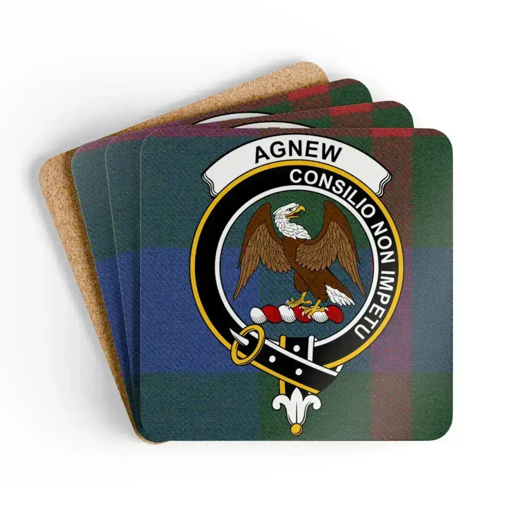 Clan Agnew family crest eagle design square coasters — glossy cork, 3.75 inch