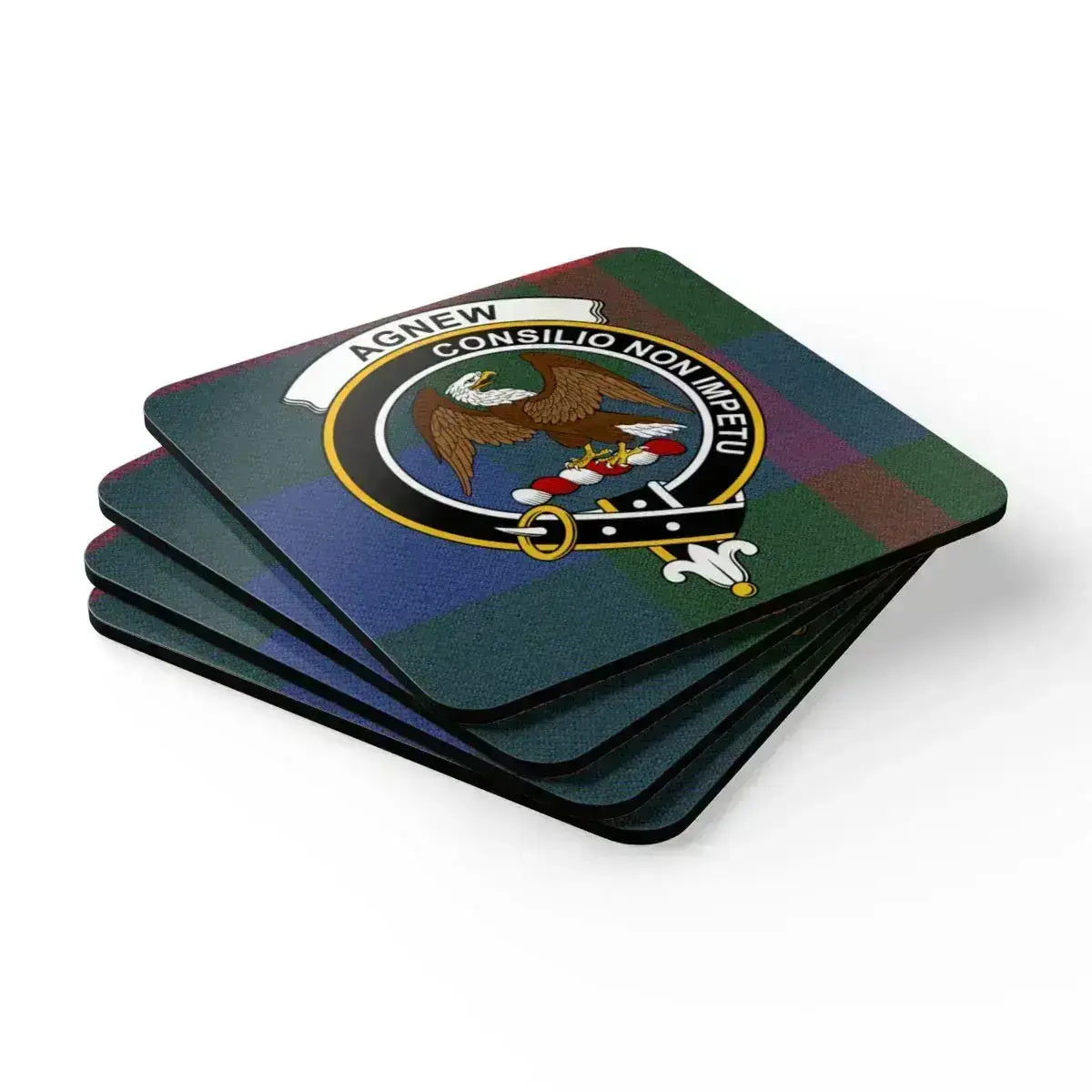 Agnew consilio non impetu tartan pattern coasters — four coasters on table