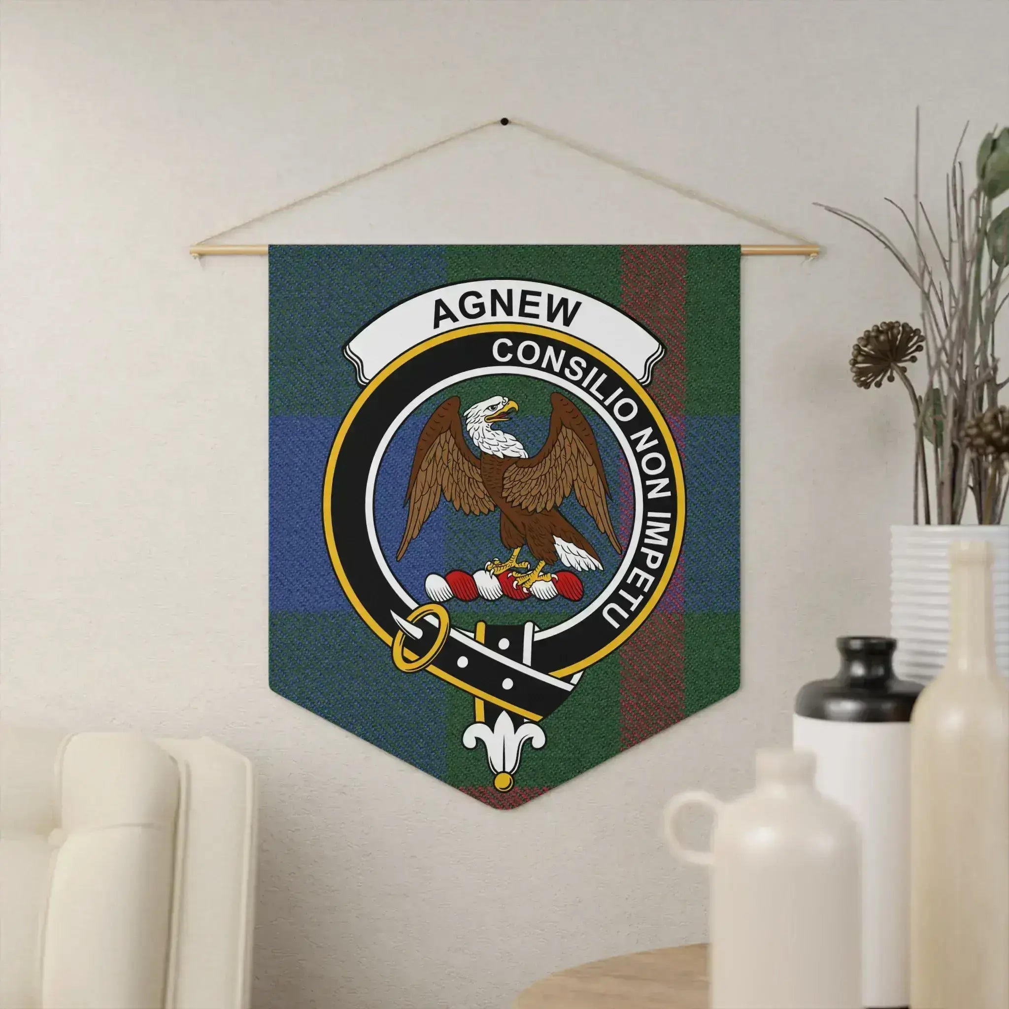 Clan Agnew consilio non impetu banner wall hanging pennant — 18x21 inch polyester twill with wooden dowel