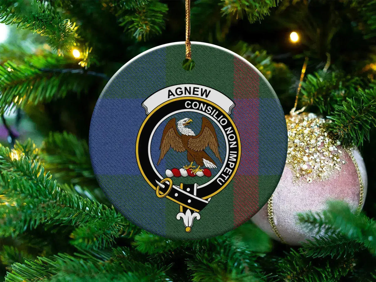 Round 3-inch Agnew ceramic ornament with crest and motto
