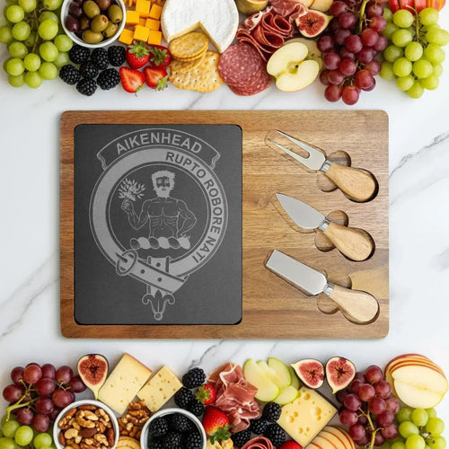 Aikenhead crest and motto engraved on acacia wood and slate board