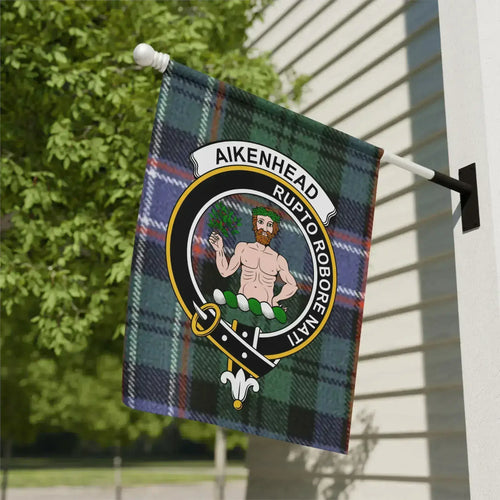 Aikenhead crest garden flag with tartan-pattern background