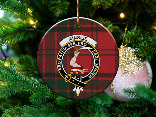 Ainslie ceramic ornament hanging on a Christmas tree