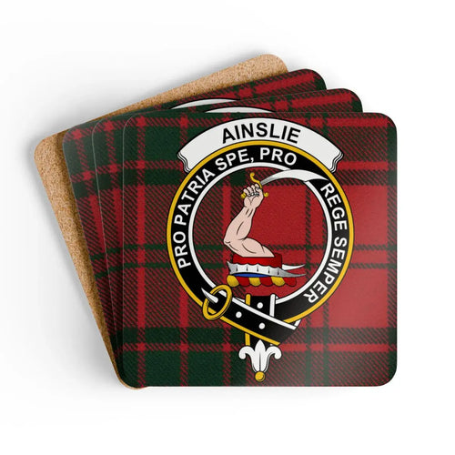 Single square Ainslie cork coaster with crest, top view