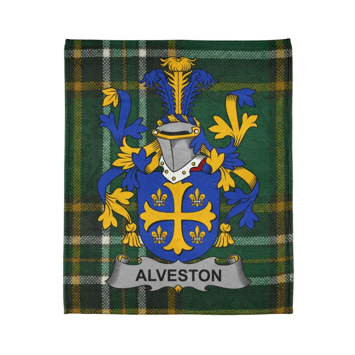 Alveston Family Crest Emblem on Tartan Pattern Blanket