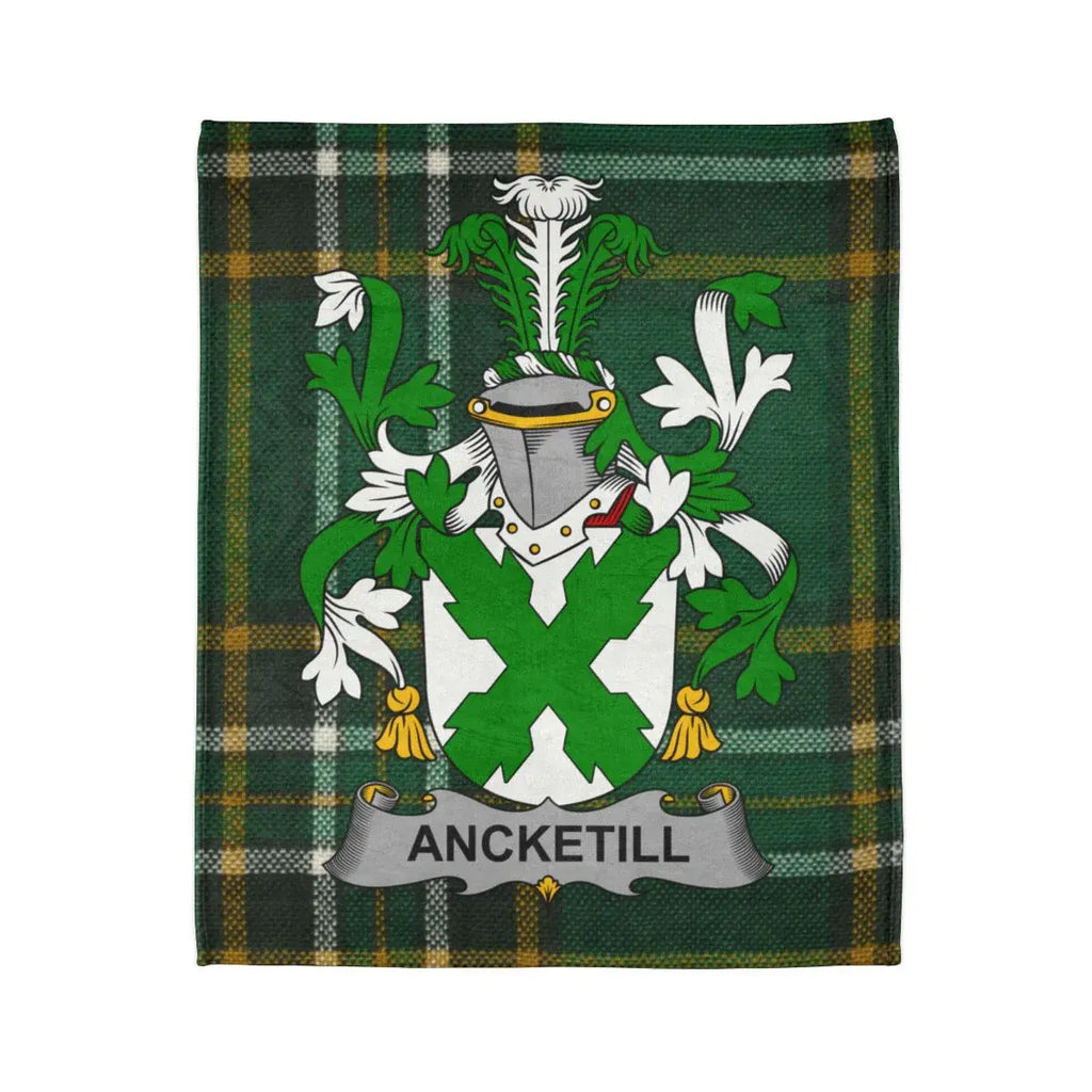 Ancketill Family Crest on Green Plaid Background Blanket