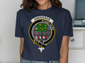Royal blue Anderson tee showing the clan crest on a tartan background