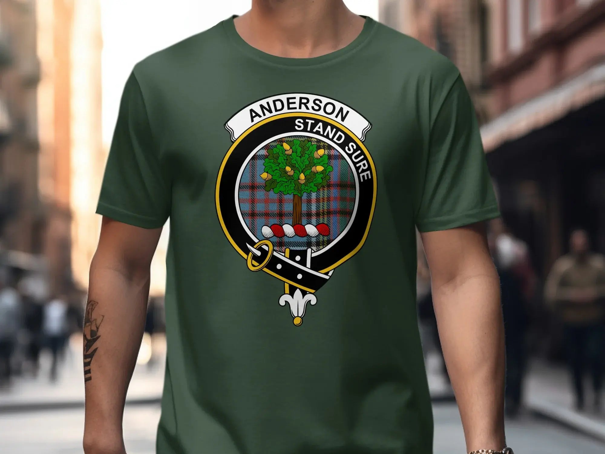 Black t-shirt featuring the Anderson clan crest and Stand Sure motto