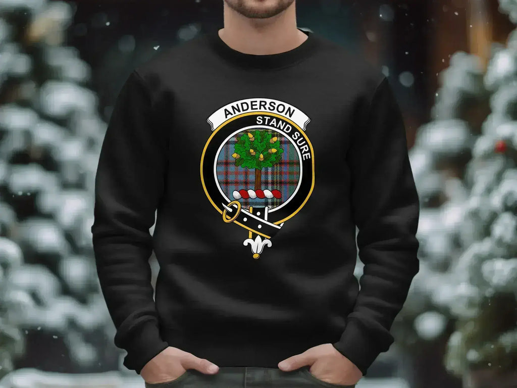 Forest green sweatshirt showing the Anderson crest on a tartan background