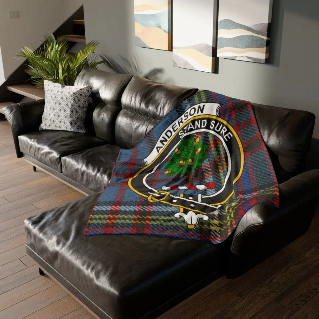 Clan Anderson printed throw blanket with crest and Stand Sure motto on a tartan background, 50x60