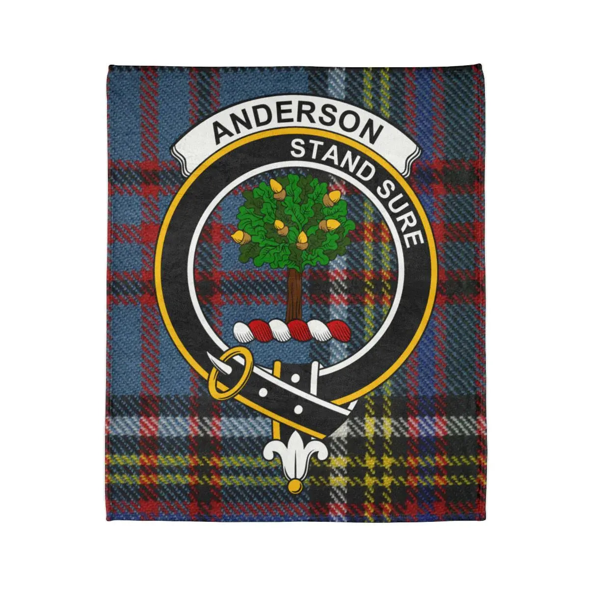 Folded Anderson Stand Sure throw blanket showing the tartan design
