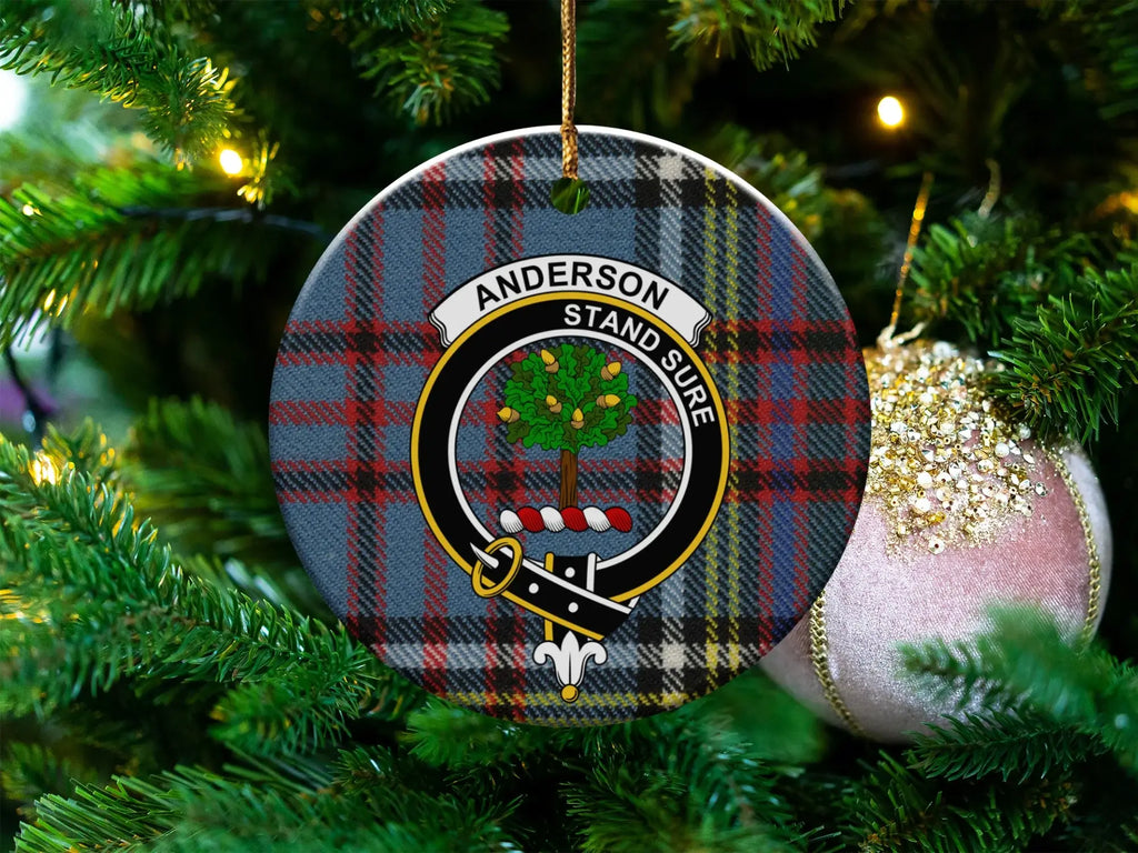 Clan Anderson ceramic Christmas ornament with crest and Stand Sure motto on a tartan background