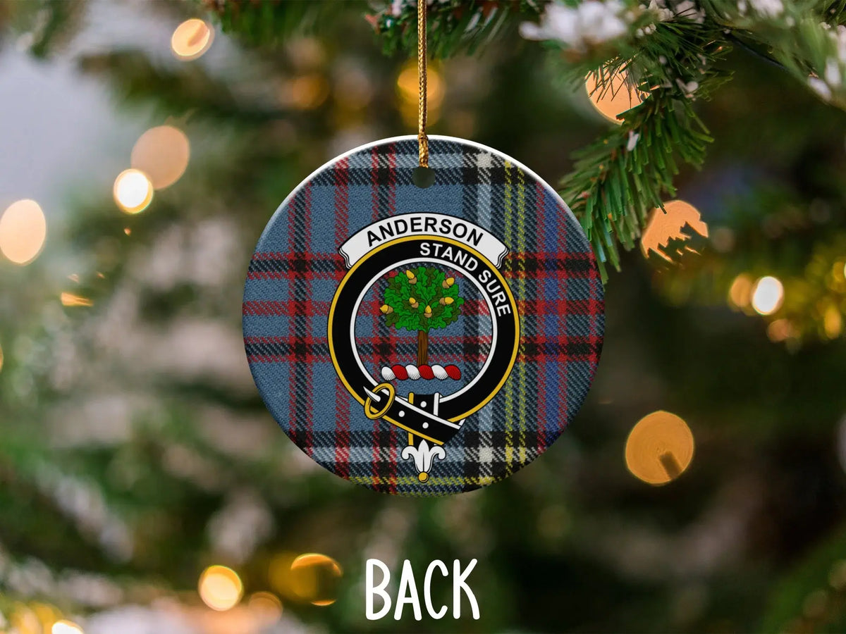 Anderson tartan ornament hanging on a Christmas tree, 3 inch glossy keepsake
