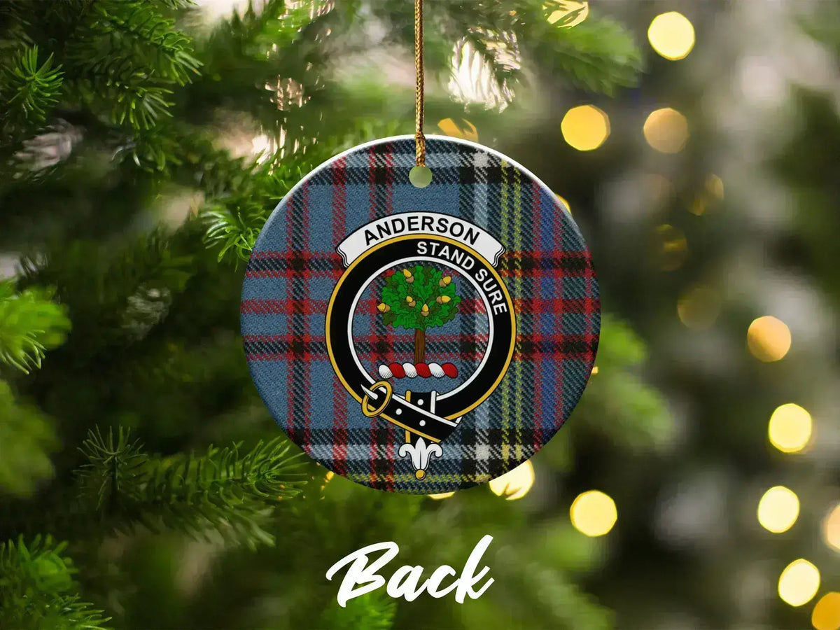 Close-up of the Anderson clan crest detail on a ceramic holiday ornament