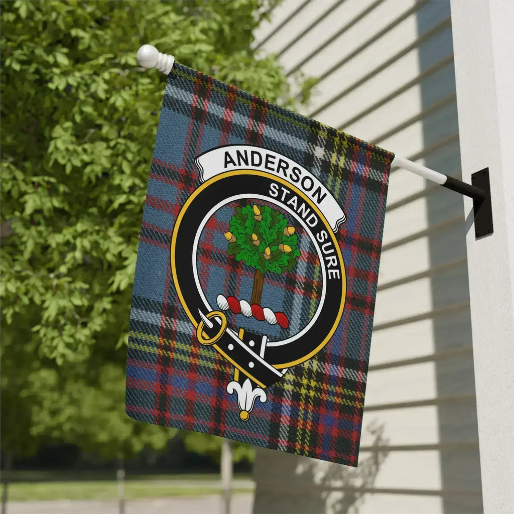 Clan Anderson garden flag, crest and Stand Sure motto on a tartan background, 12 x 18 inch