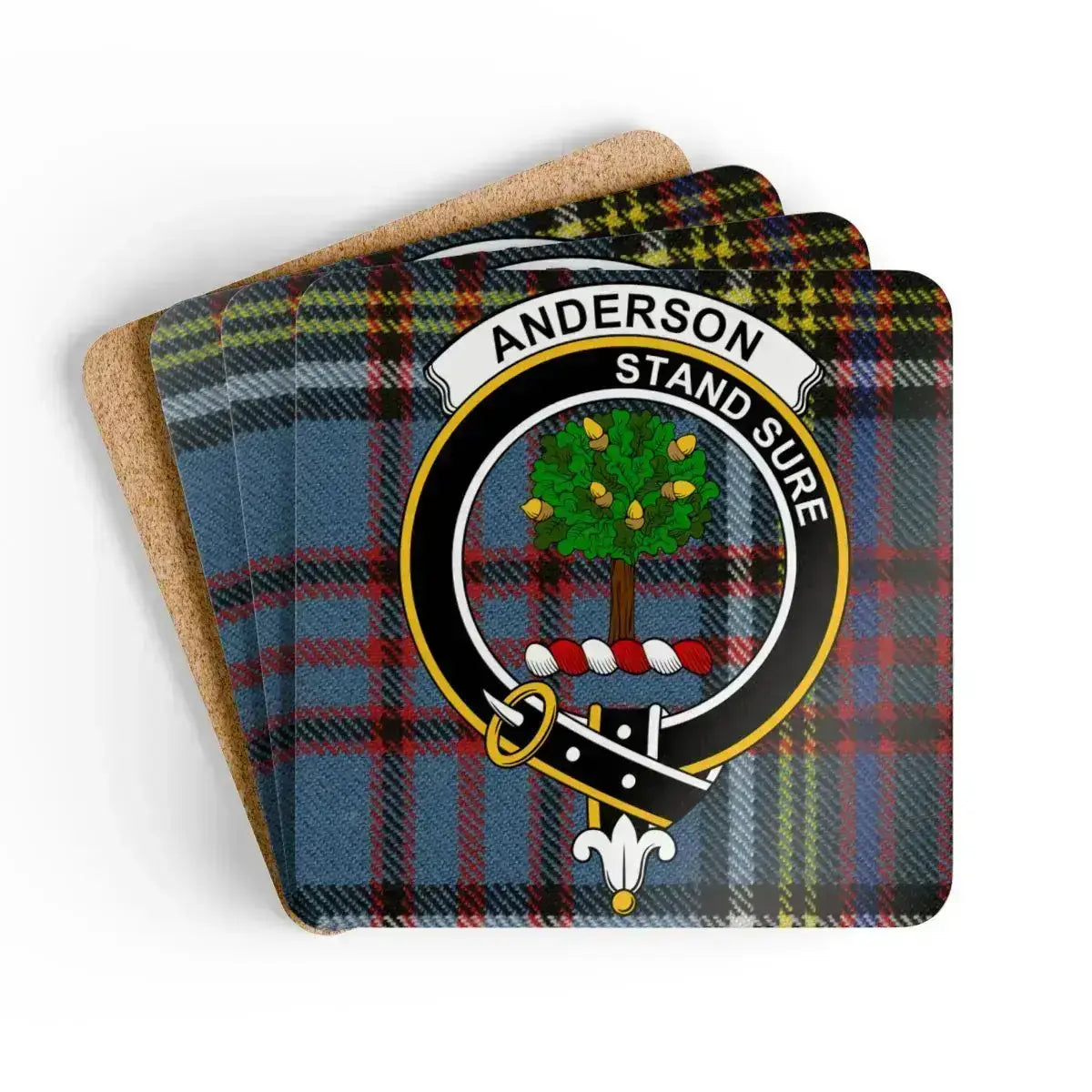 Clan Anderson coaster set of four with crest and Stand Sure motto on a tartan background