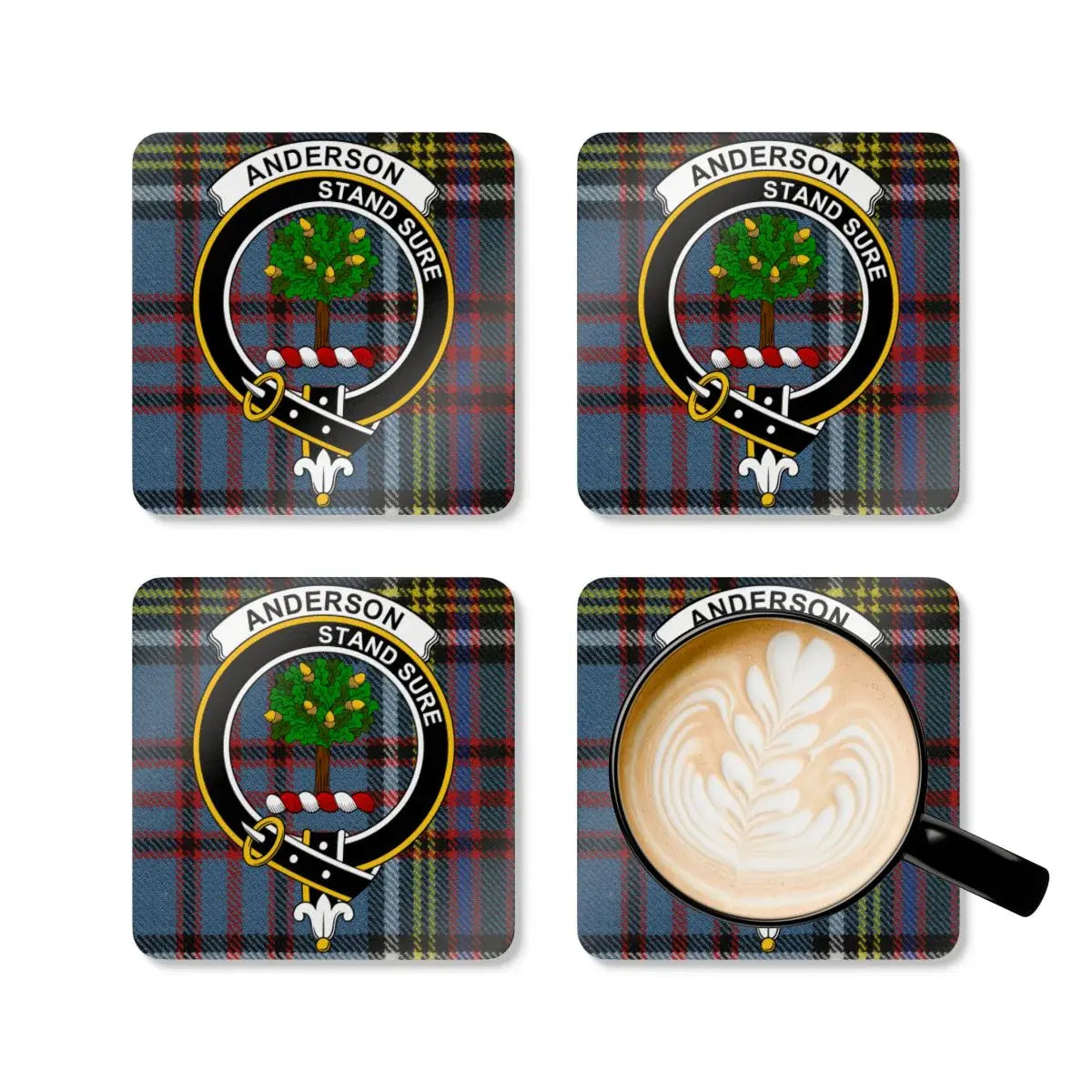Anderson tartan coasters arranged on a table, square cork-backed set