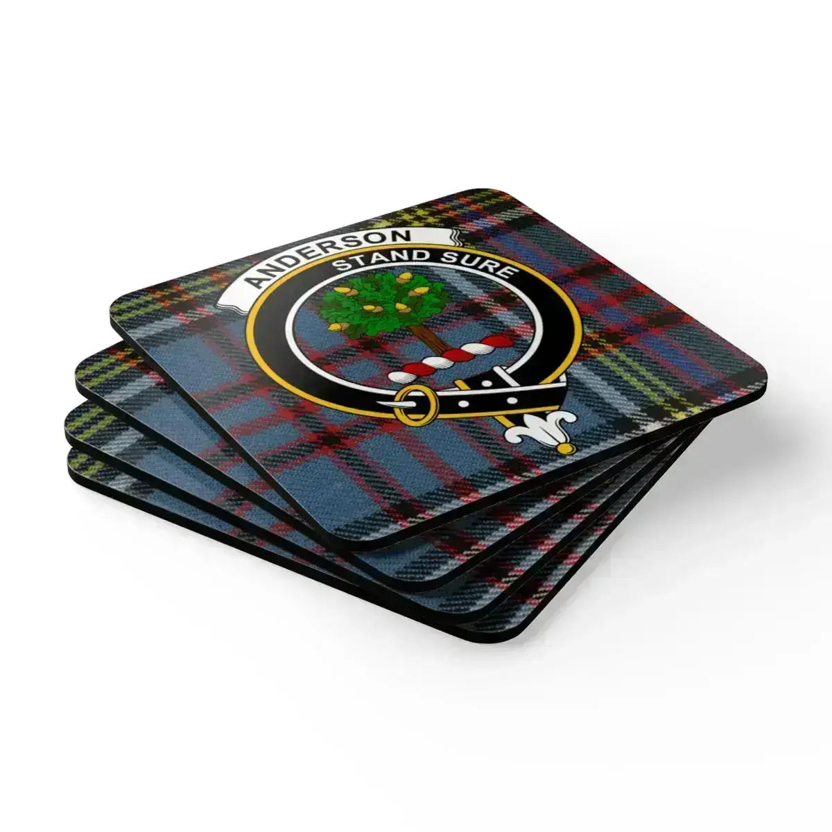 Single Anderson crest coaster in use, 3.75 inch square
