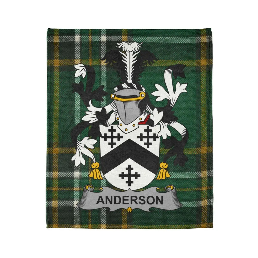 Anderson Irish heritage throw folded — surname coat of arms on tartan-inspired print