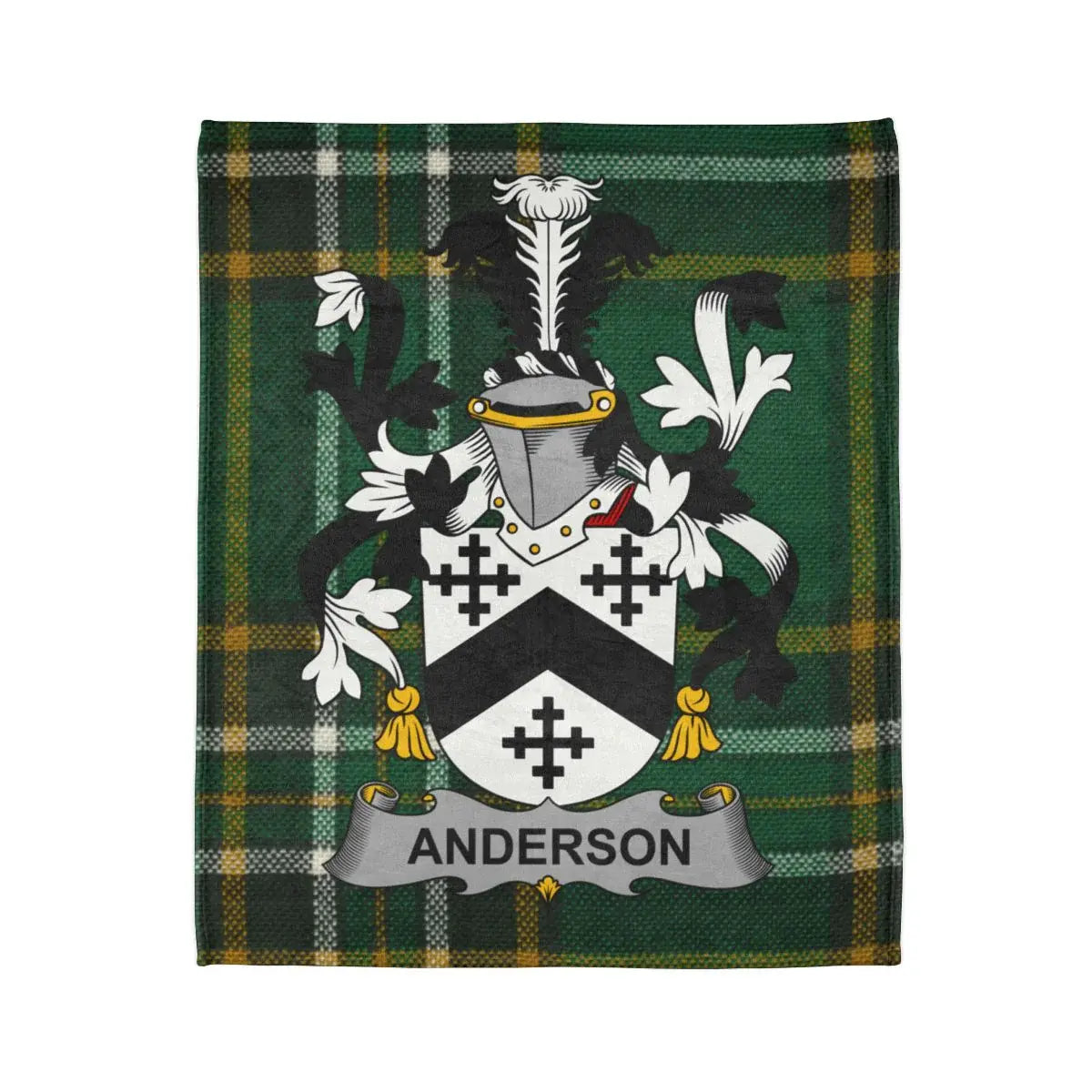 Anderson Irish heritage throw folded — surname coat of arms on tartan-inspired print