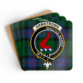 Clan Armstrong tartan coaster set — four cork-backed square coasters with crest and Invictus Maneo motto