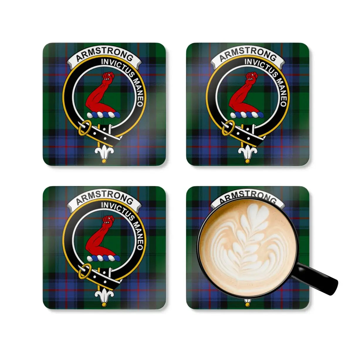 Armstrong clan crest tartan coasters on table — set of four, Scottish heritage design